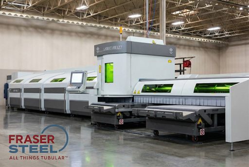BLM tube laser cutting a steel tube at Fraser Steel in Albertville, Minnesota